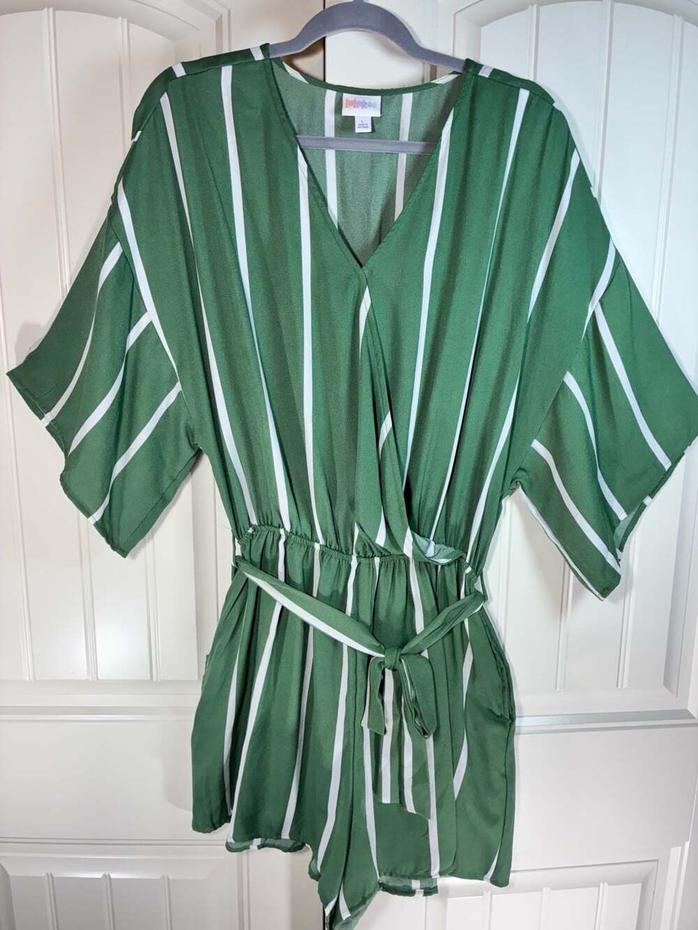 LuLaRoe Melinda Romper Size L Green White Stripe Wide Sleeve Belted Pockets